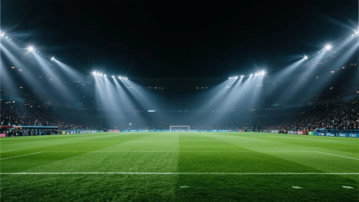 世界杯淘汰赛夜晚球场与聚光灯氛围图
